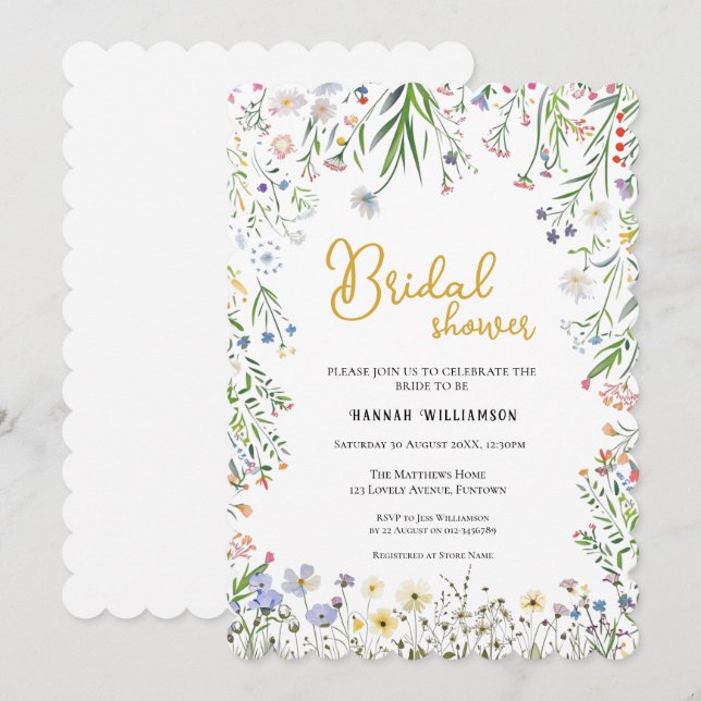 Invitation Floral Bridal Shower invitation, Garden Wildflower (Devant / Derrière)