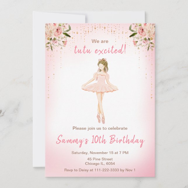Invitation Floral Brown cheveux Ballerina Anniversaire (Devant)