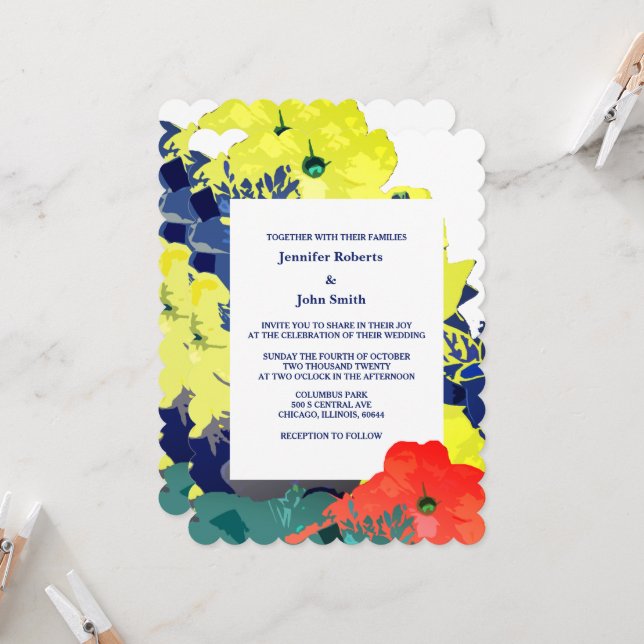 Invitation Floral Brûlé Orange Jaune Marine Bleu Vert Mariage (Devant/Arrière en situation)