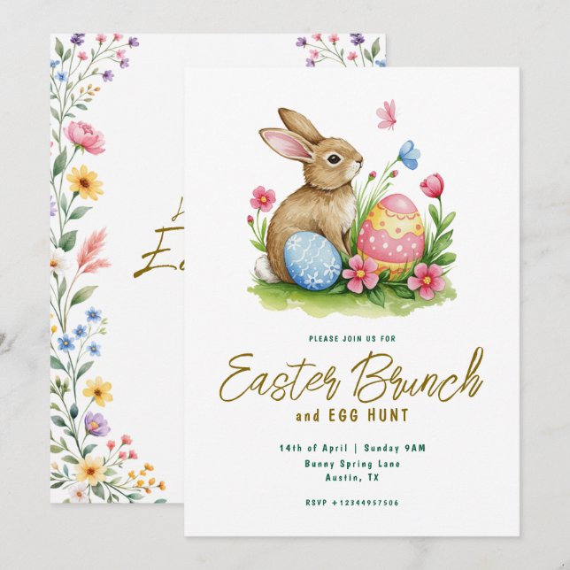 Invitation Floral Bunny and Egg Watercolor Easter Brunch  (Devant / Derrière)