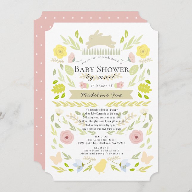 Invitation Floral Bunny Foliage Rose Girl Baby shower par la  (Devant / Derrière)