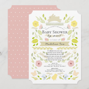 Invitation Floral Bunny Foliage Rose Girl Baby shower par la