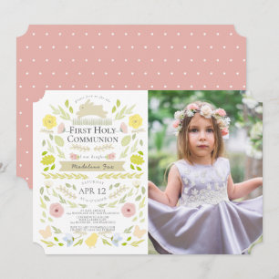 Invitation Floral Bunny Pink Girl Photo Première Sainte Commu