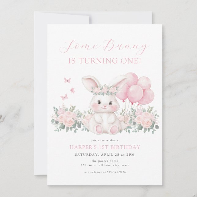 Invitation Floral Bunny Spring Girl Pink Bunny First Birthday (Devant)