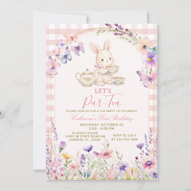 Invitation Floral Bunny Tea Party Birthday Pink Gingham (Devant)