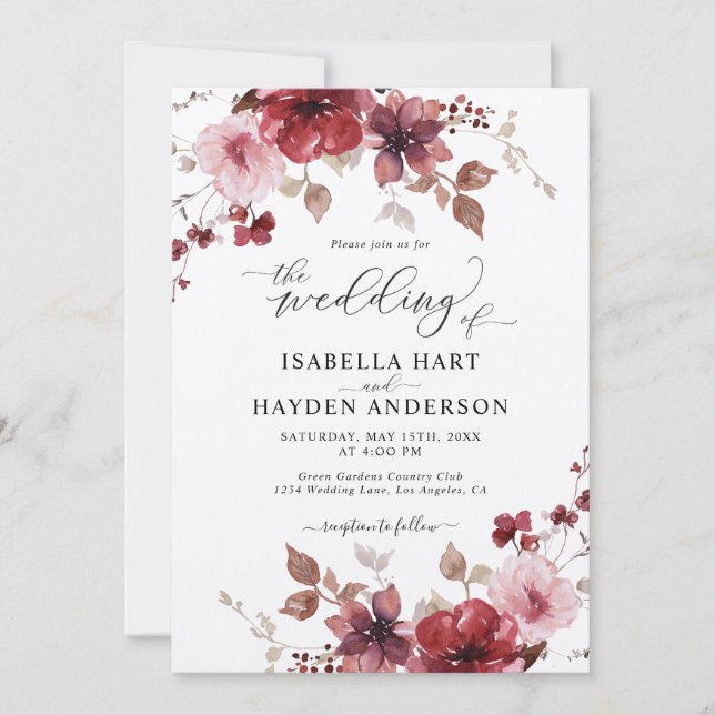 Invitation Floral Burgundy Blush All In 1 Code QR Mariage (Devant)