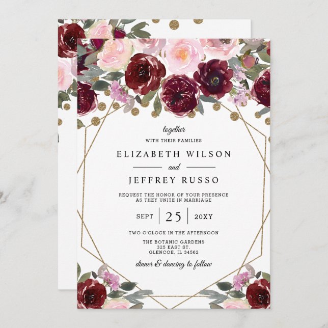 Invitation Floral Burgundy Blush or Mariage géométrique (Devant / Derrière)