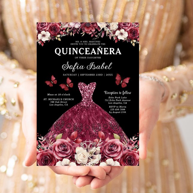 Invitation Floral Burgundy Butterfly Princess Quinceanera (Créateur téléchargé)