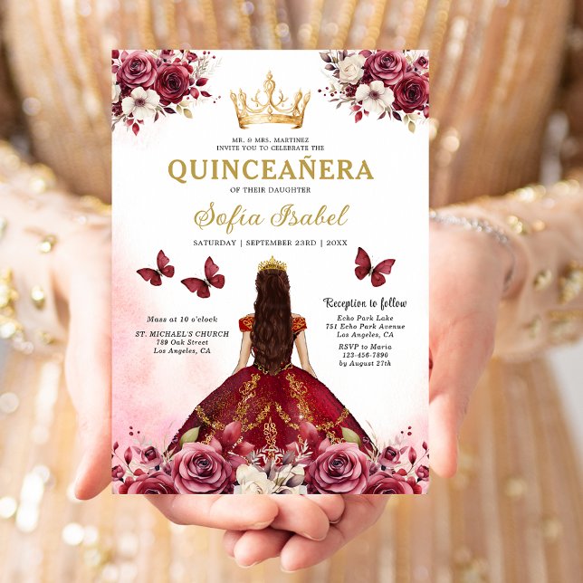 Invitation Floral Burgundy Butterfly Princess Quinceanera (Créateur téléchargé)