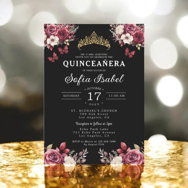 Invitation Floral Burgundy Butterfly Princess Quinceanera (Créateur téléchargé)