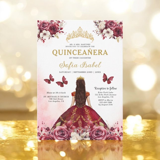 Invitation Floral Burgundy Butterfly Princess Quinceanera (Créateur téléchargé)
