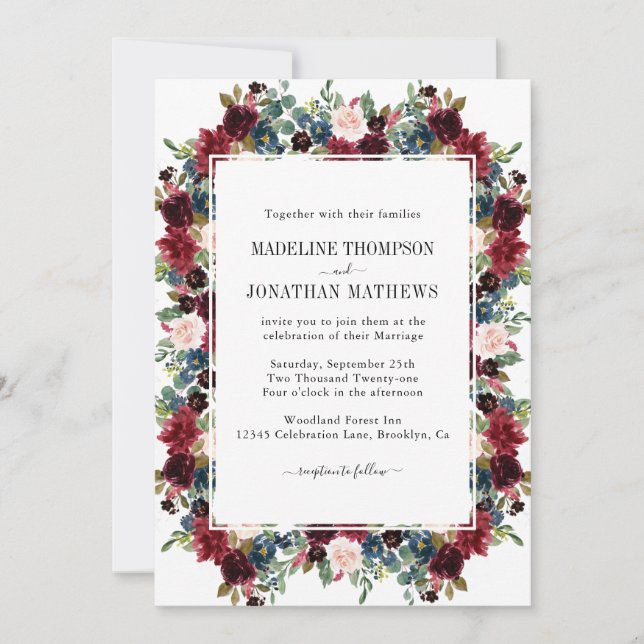 Invitation Floral Burgundy Marine Carré Bleu Mariage frontièr (Devant)