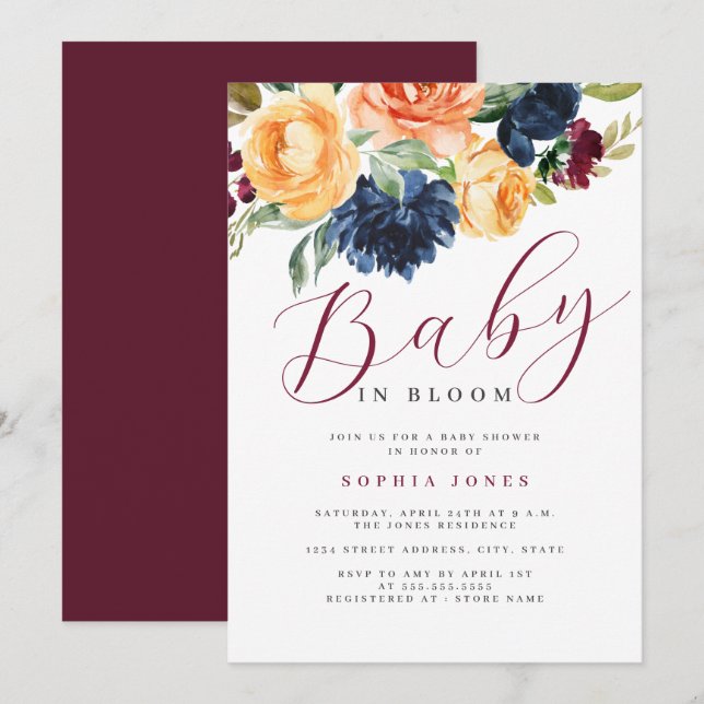 Invitation Floral Burgundy Navy Baby in Bloom Baby shower (Devant / Derrière)