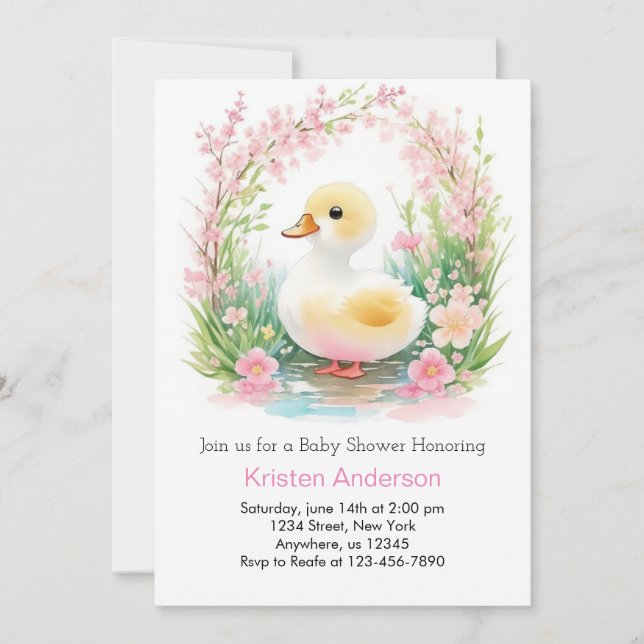 Invitation Floral Canard mignon Baby shower fille rose (Devant)