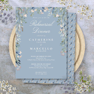 Invitation Floral Cascade Dusty Dîner de répétition bleu