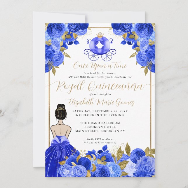 Invitation Floral Cendrillon Princesse Royal Blue Quinceanera (Devant)