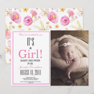 Invitation Floral C'est une fille ! Baby shower photo rose