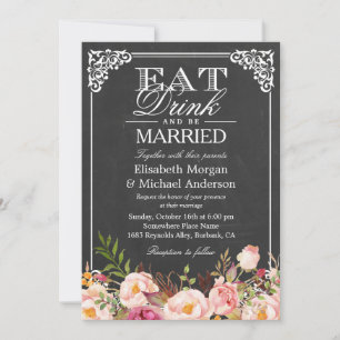 Invitation Floral Chalkboard Mariage Manger boire et être mar