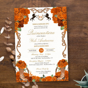 Invitation Floral Charro Ranch Quinceañera, Rose orange
