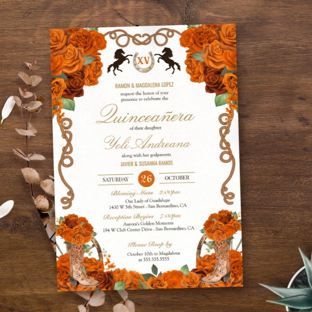 Invitation Floral Charro Ranch Quinceañera, Rose orange (Créateur téléchargé)