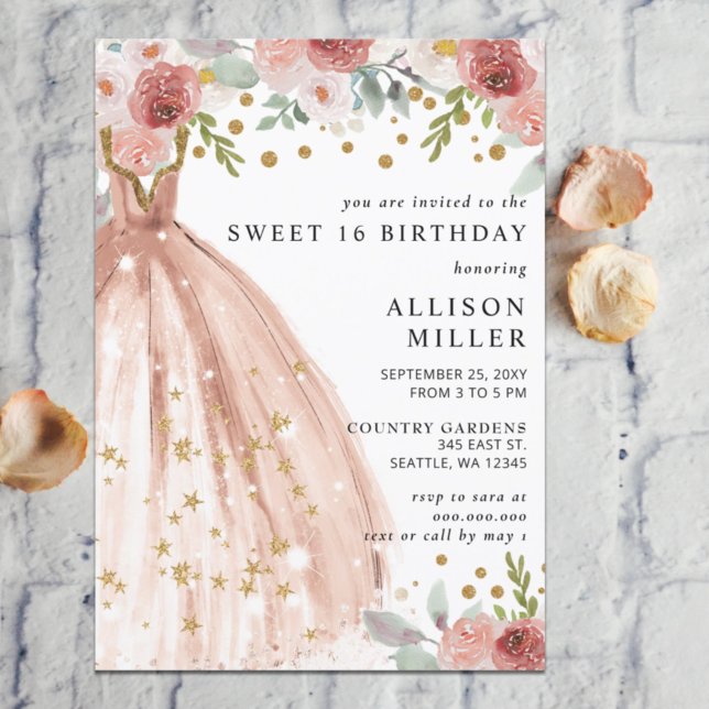 Invitation Floral Chic Blush or Parties scintillant robe sucr (Créateur téléchargé)