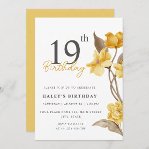 Invitation Floral Chic Elégant Simple Jaune 19e anniversaire