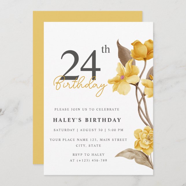 Invitation Floral Chic Elegant Simple Jaune 24e anniversaire (Devant / Derrière)