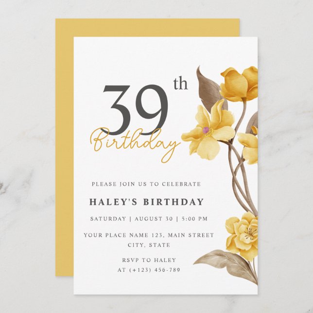 Invitation Floral Chic Elegant Simple Jaune 39e anniversaire (Devant / Derrière)