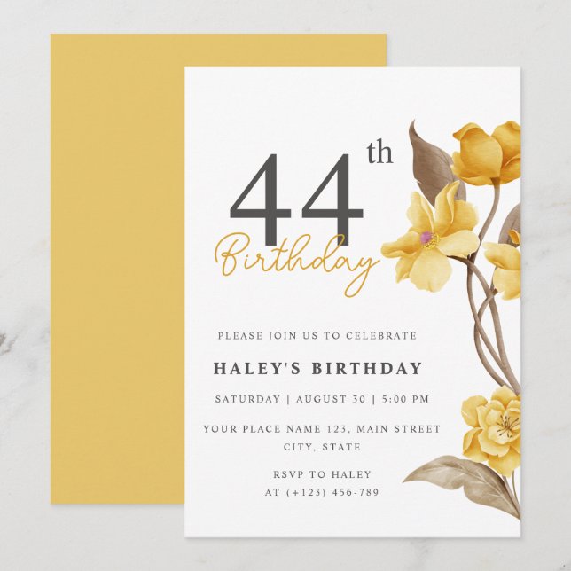 Invitation Floral Chic Elegant Simple Jaune 44e anniversaire (Devant / Derrière)