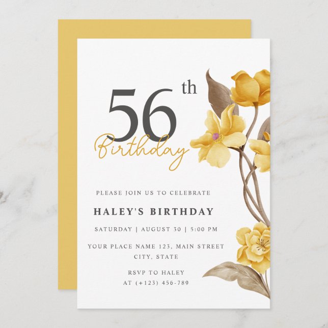 Invitation Floral Chic Elegant Simple Jaune 56e anniversaire (Devant / Derrière)