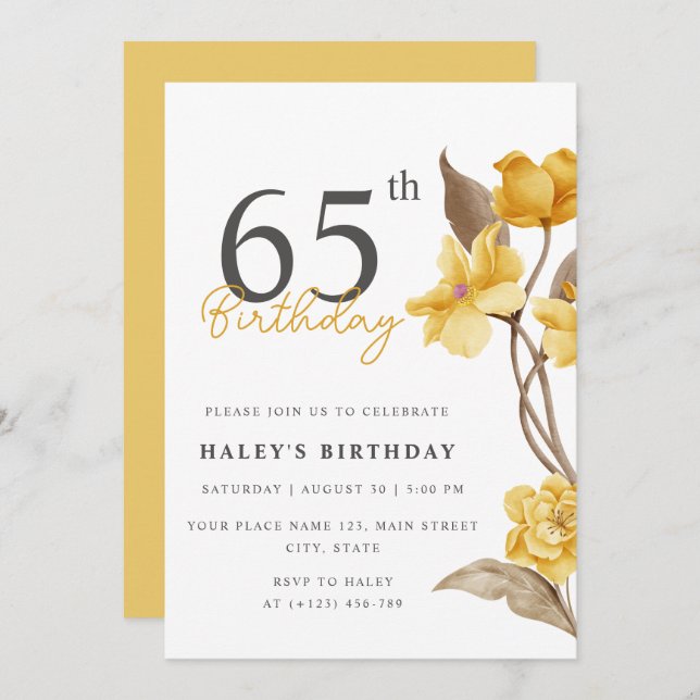 Invitation Floral Chic Elegant Simple Jaune 65e anniversaire (Devant / Derrière)