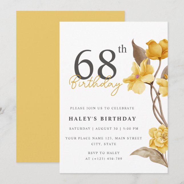 Invitation Floral Chic Elegant Simple Jaune 68e anniversaire (Devant / Derrière)