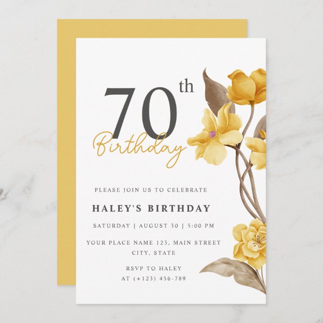 Invitation Floral Chic Elegant Simple Jaune 70e anniversaire (Devant / Derrière)