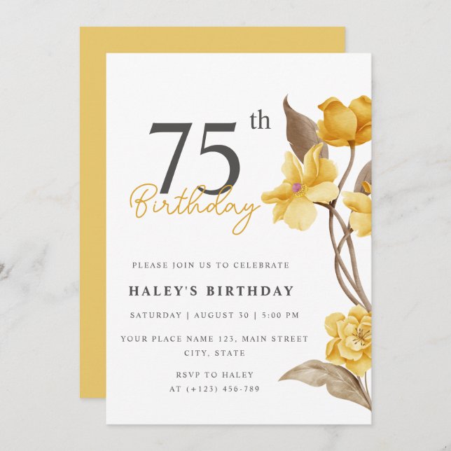 Invitation Floral Chic Elegant Simple Jaune 75e anniversaire (Devant / Derrière)
