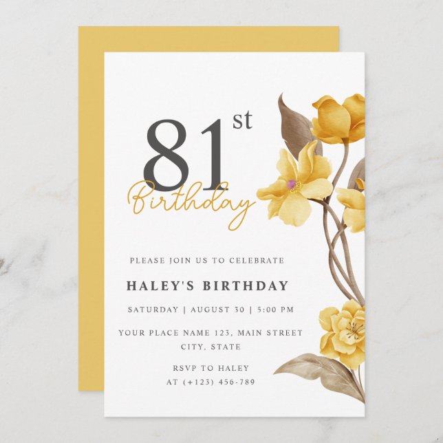 Invitation Floral Chic Elegant Simple Jaune 81e Anniversaire (Devant / Derrière)