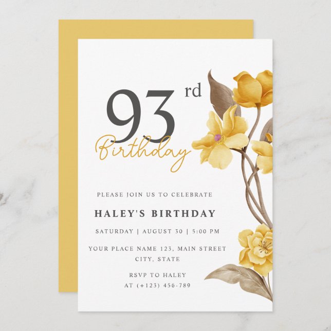 Invitation Floral Chic Elegant Simple Jaune 93e anniversaire (Devant / Derrière)
