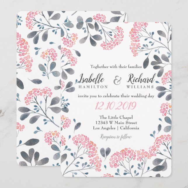 Invitation Floral chic gris cadre rose mariage (Devant / Derrière)