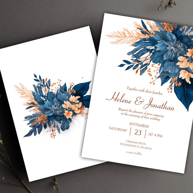 Invitation Floral Chic Indigo Mariage rouille (Floral Chic Indigo Rust Wedding Invitation)