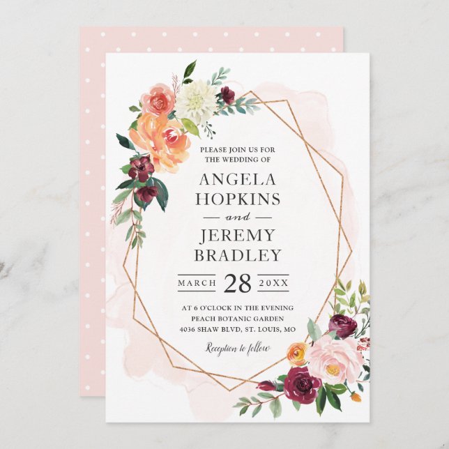 Invitation Floral Chic Mariage moderne Géométrique Fleur de F (Devant / Derrière)