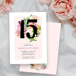 Invitation Floral Chic Numéro 15 Quinceanera rose et or