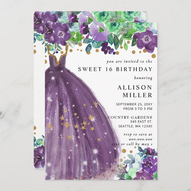 Invitation Floral Chic Purple Gold Parties scintillant robe S (Devant / Derrière)