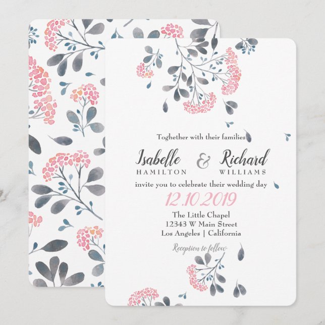 Invitation Floral chic rose mariage d'aquarelle rose (Devant / Derrière)