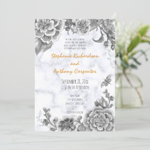 Invitation Floral Chinoiserie Blanc Noir, Mariage en marbre