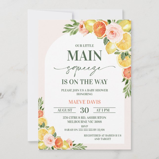 Invitation Floral Citron Orange Notre Baby shower principal d (Devant)