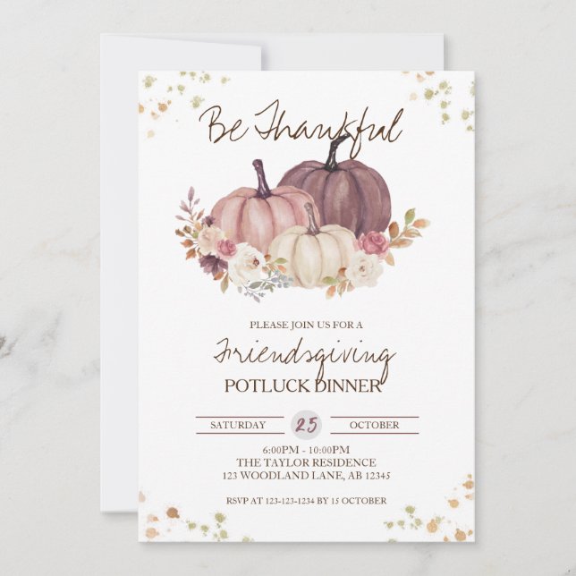 Invitation Floral Citrouille Fall Friendsgiving Potluck (Devant)