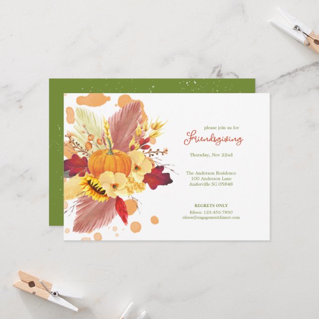 Invitation Floral Citrouille Friendsgiving Thanksgiving (Devant/Arrière en situation)