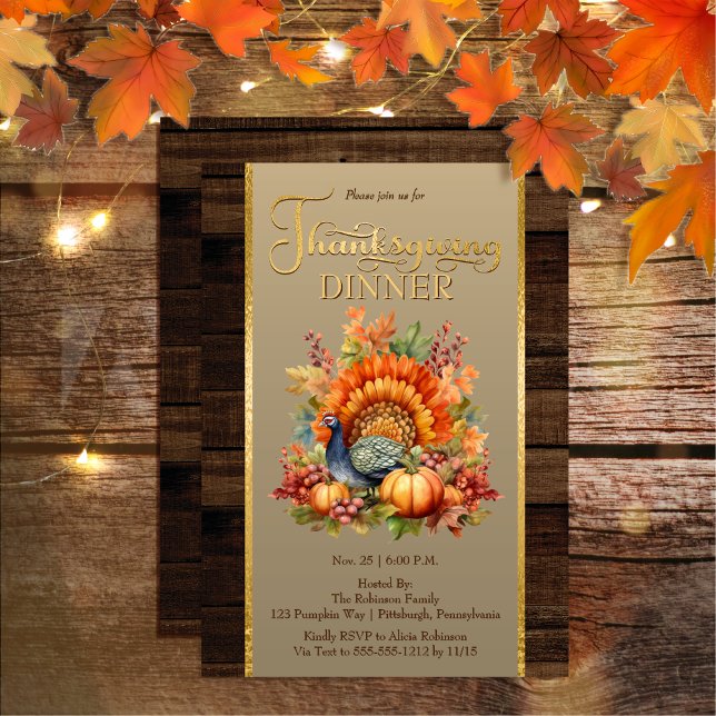 Invitation Floral Citrouille Rustique Elegance | Action de gr (Rustic Elegance Pumpkin Floral and Faux Wood Thanksgiving Dinner Invitation)