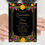 Invitation Floral coloré et Arrière - plan noir Quinceañera<br><div class="desc">Floral coloré et Arrière - plan noir Quinceañera Invitation Mis Quince Anos,  15e anniversaire, </div>