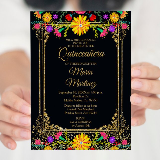 Invitation Floral coloré et Arrière - plan noir Quinceañera (Créateur téléchargé)
