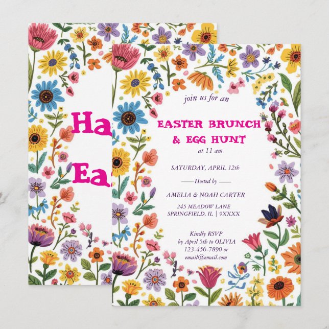 Invitation Floral Colorful Easter BRUNCH & HUNT (Devant / Derrière)